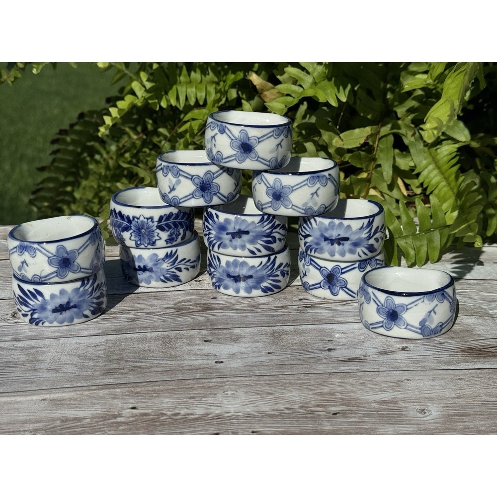 Vintage Chinoiserie Ceramic Napkin Rings (12) Blue White Floral Grandmillennial